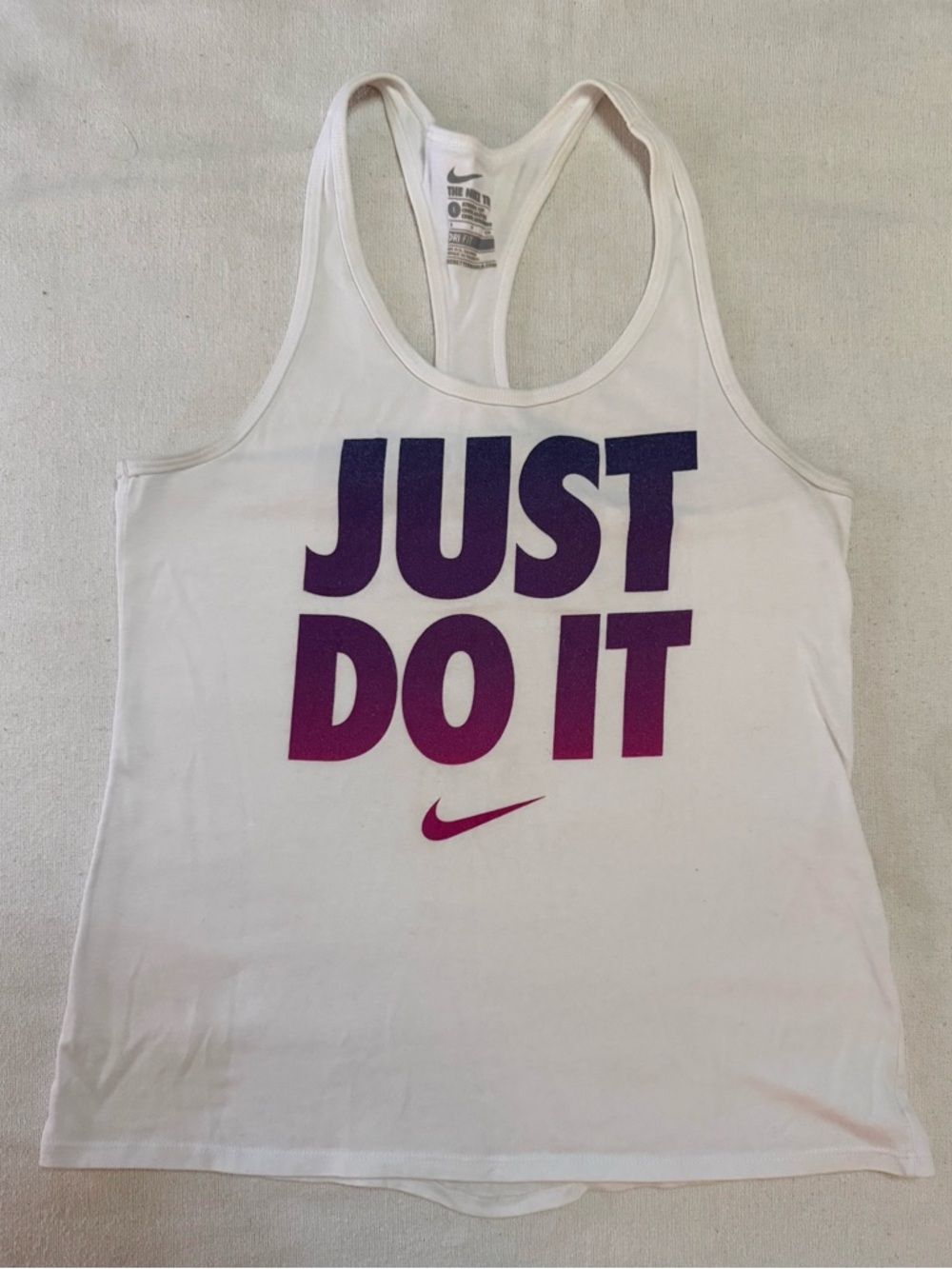 Nike White Racerback Tank with Purple-to-Pink Gradient JUST DO IT